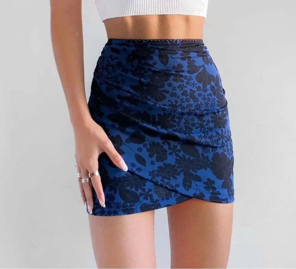 Urban Outfitters Jamie surplice knit mini skirt  Blue Floral Stretch Bodycon S
